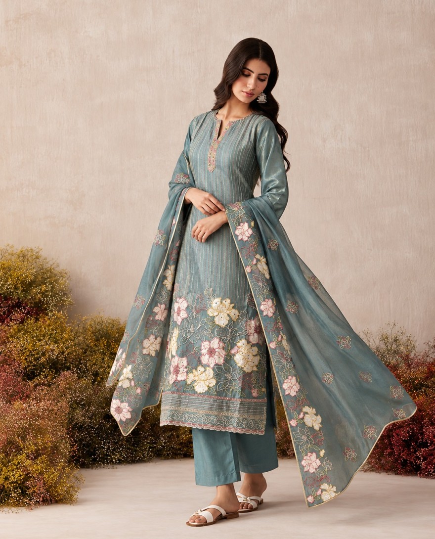 7116 - Aqua Blue Shimmer Embroidered Work Pant Style Suit